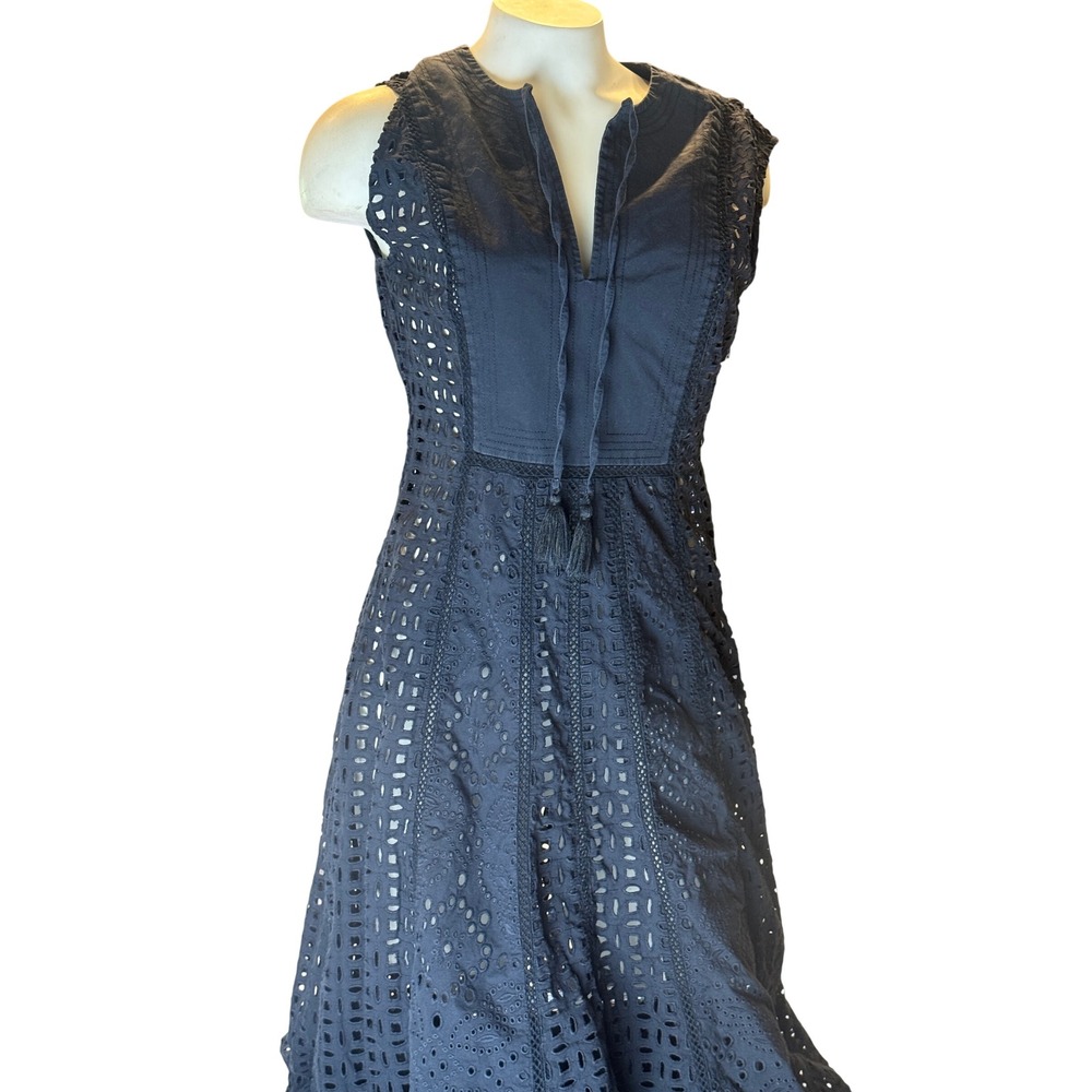 Veronica Beard Black Eyelet Midi Dress Tassel Tie Boho Cottagecore Sleeveless 2